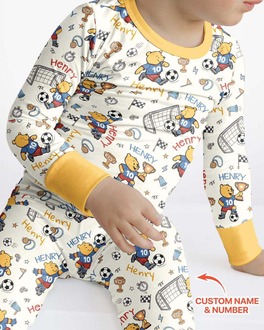 Personalized Classic Bear World Soccer Bamboo Two Piece Long Sleeve Pajama Set