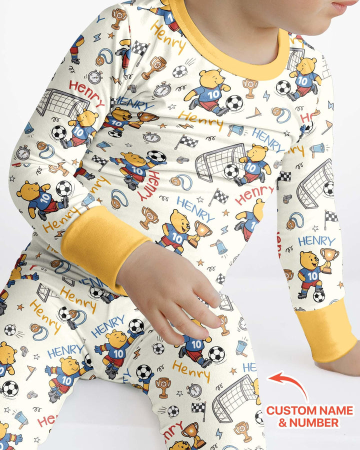 Personalized Classic Bear World Soccer Bamboo Two Piece Long Sleeve Pajama Set