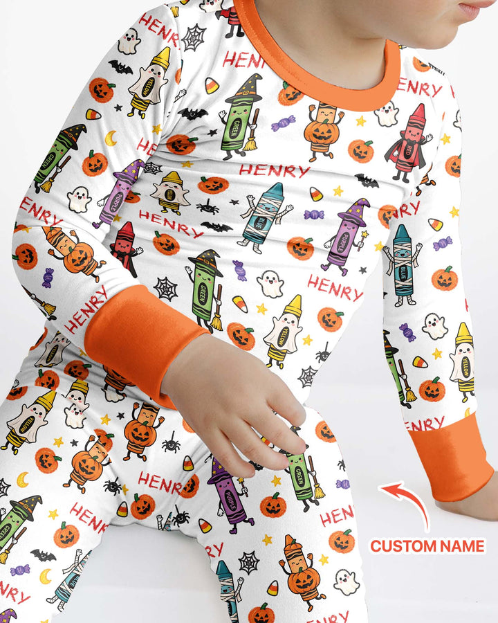 Custom Name Halloween Crayon Bamboo Two Piece Long Sleeve Pajama Set