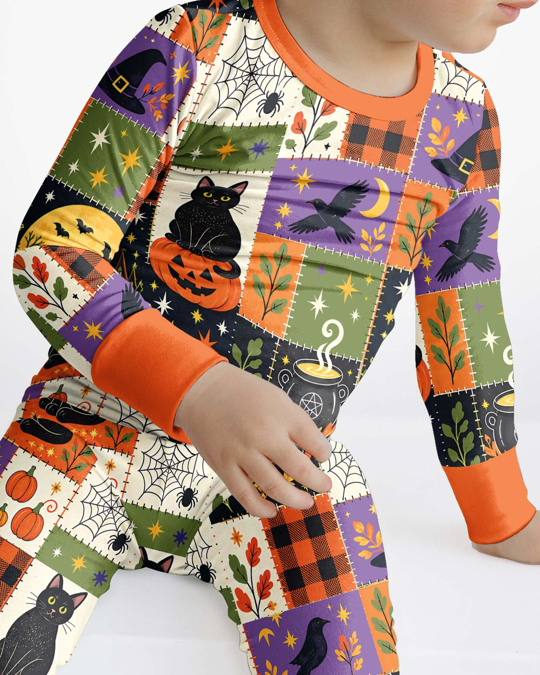 Halloween Black Cat Patchwork Bamboo Two Piece Long Sleeve Pajama Set