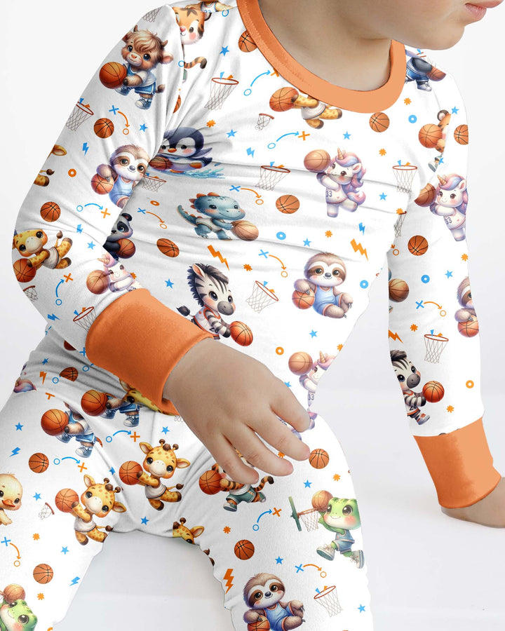Cartoon Basketball Animals Bamboo Two Piece Long Sleeve Pajama Set