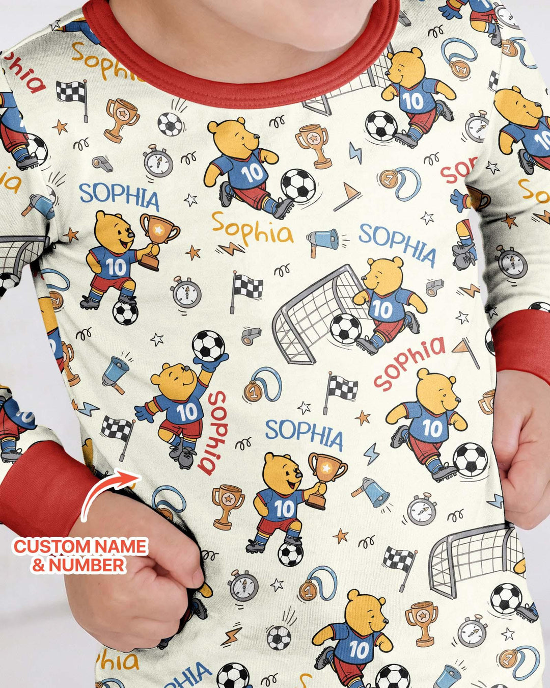 Personalized Classic Bear World Soccer Bamboo Two Piece Long Sleeve Pajama Set
