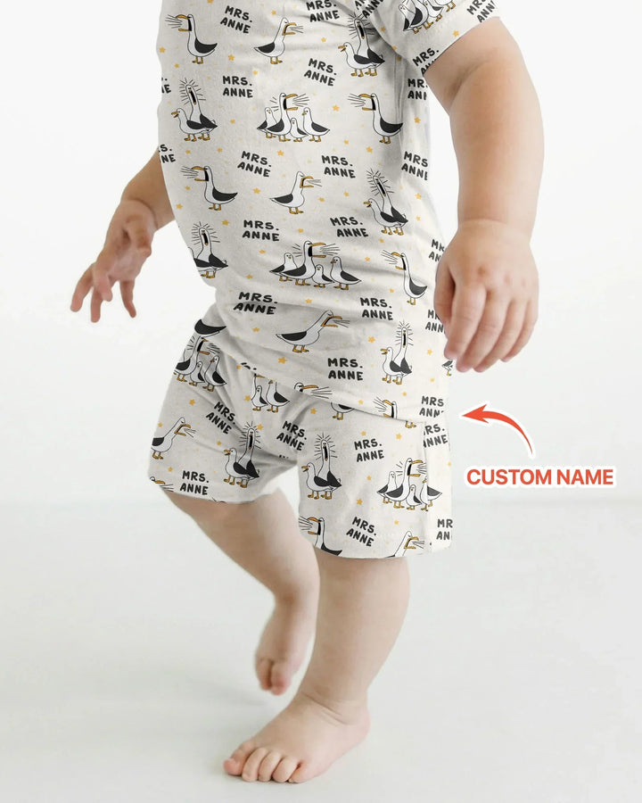 Custom Funny Seagulls Teacher Bamboo Two Piece Short Sleeve Shorts Pajama Set