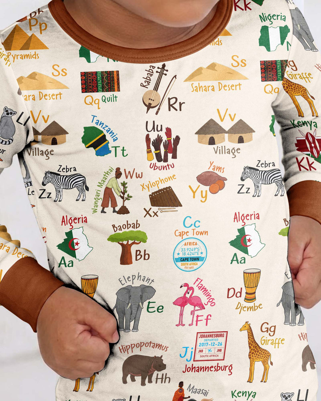 Explore Africa Geography Alphabet Bamboo Two Piece Long Sleeve Pajama Set
