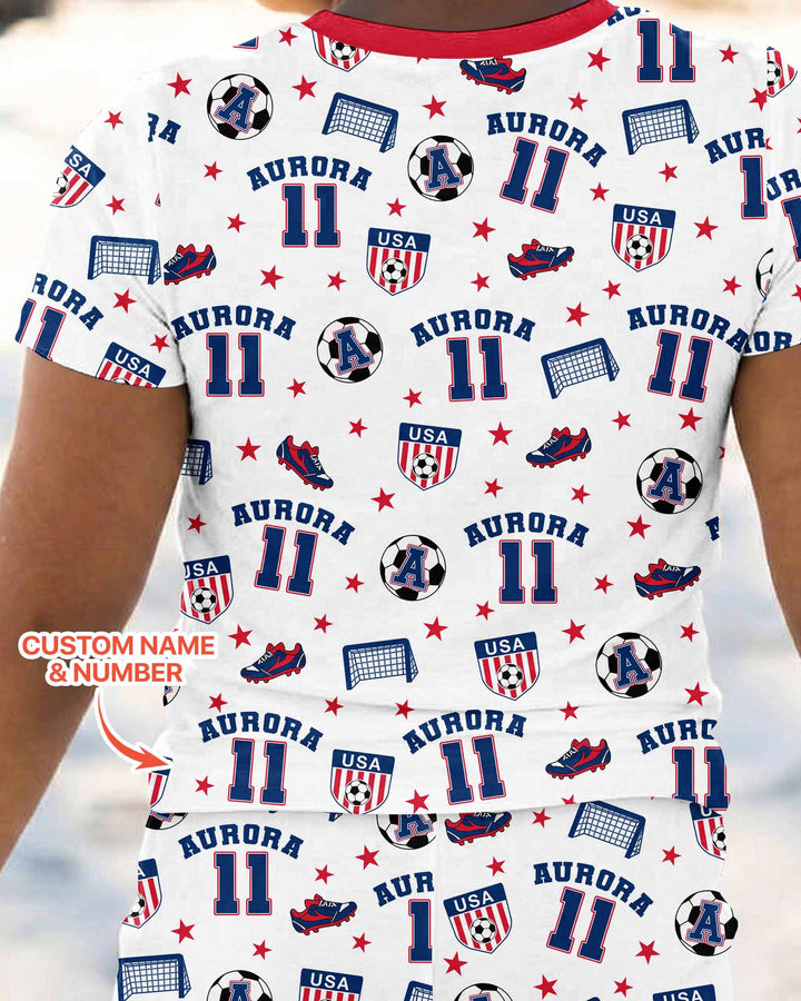 Custom Name Soccer Time Bamboo Two Piece Short Sleeve Pajama Set