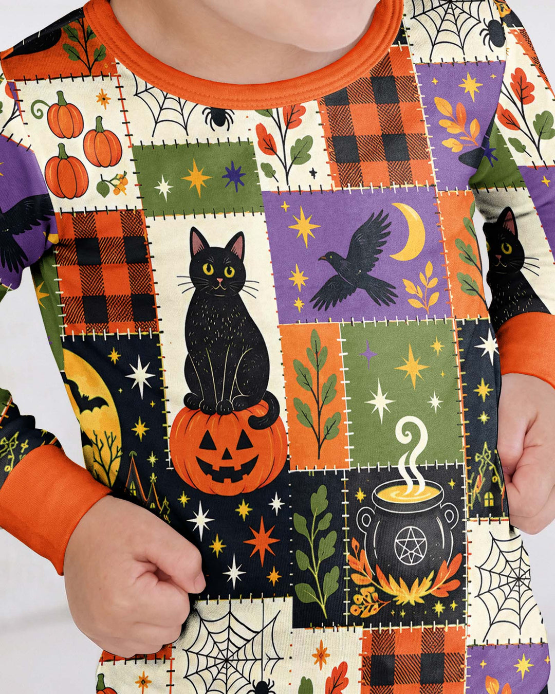 Halloween Black Cat Patchwork Bamboo Two Piece Long Sleeve Pajama Set