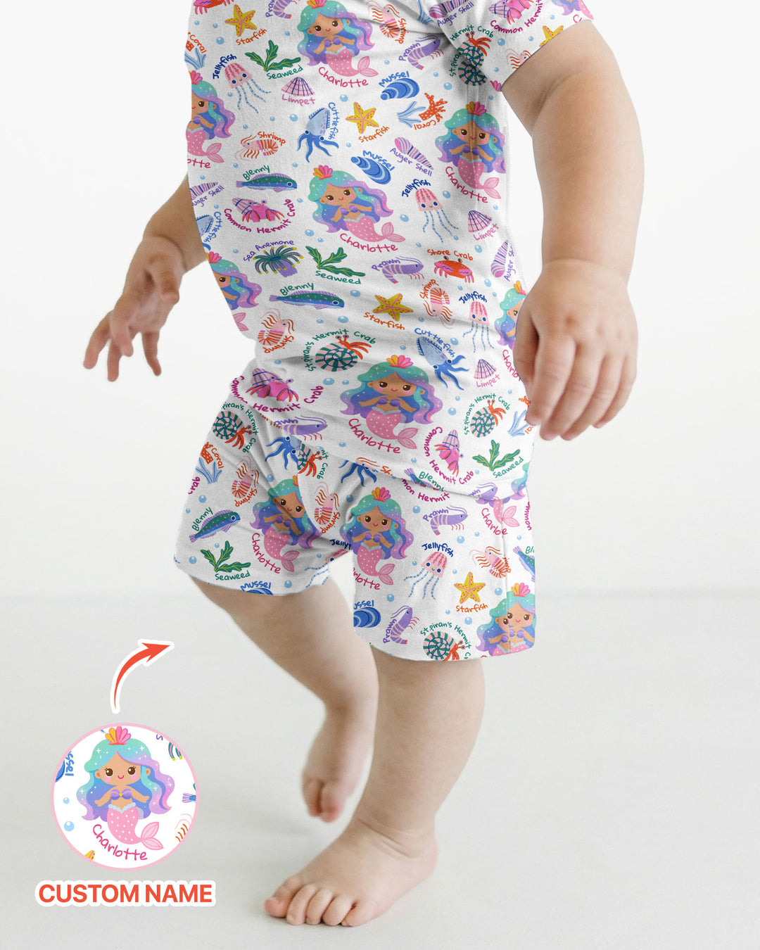 Personalized Cute Mermaid Bamboo Two Piece Short Sleeve Shorts Pajama Set