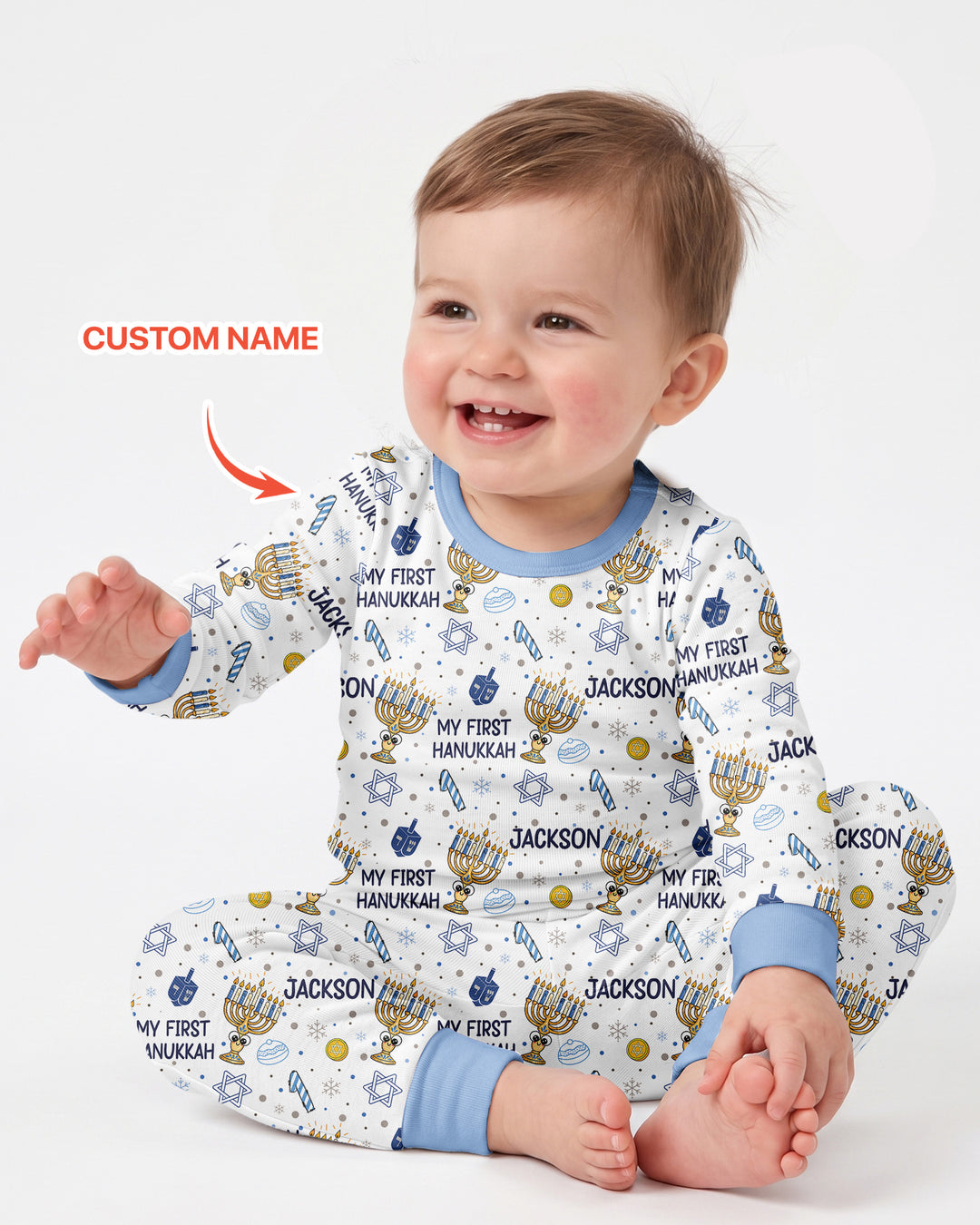 Custom Name Doodle Dreidel First Hanukkah Bamboo Two Piece Long Sleeve Pajama Set