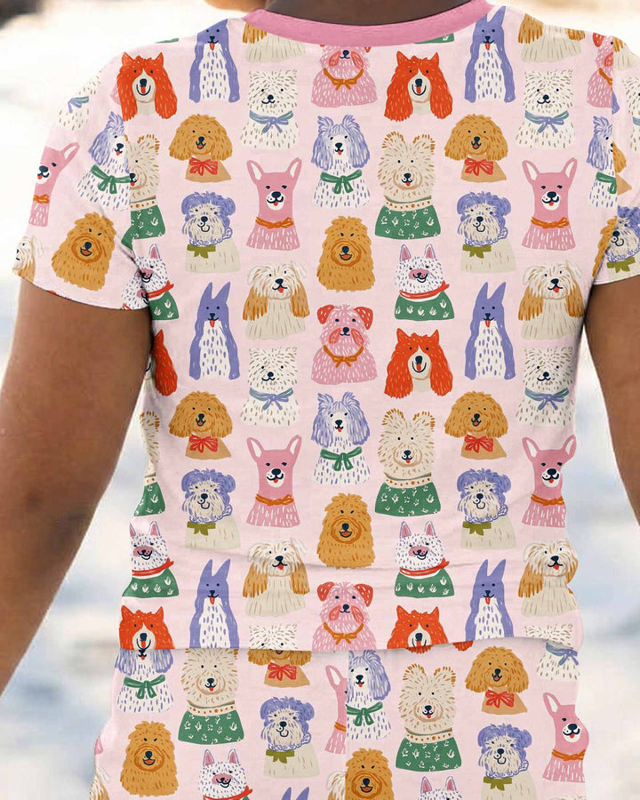 Whimsical Puppy Parade Family Matching Bamboo Two Piece Short Sleeve Pajama Set