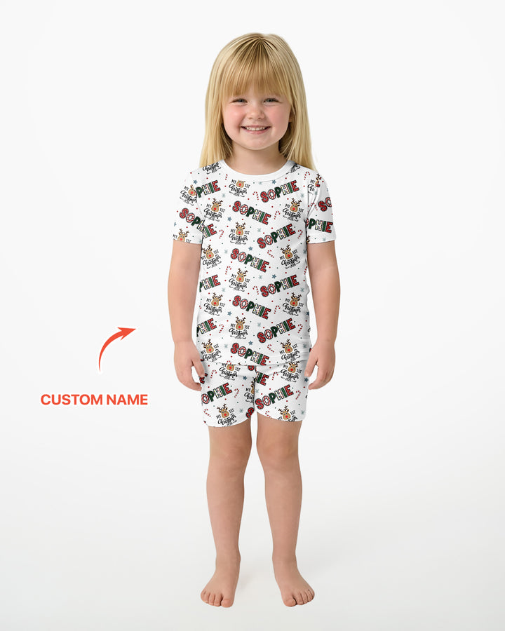 Custom Name My First Christmas 2026 Bamboo Two Piece Short Sleeve Shorts Pajama Set (G)