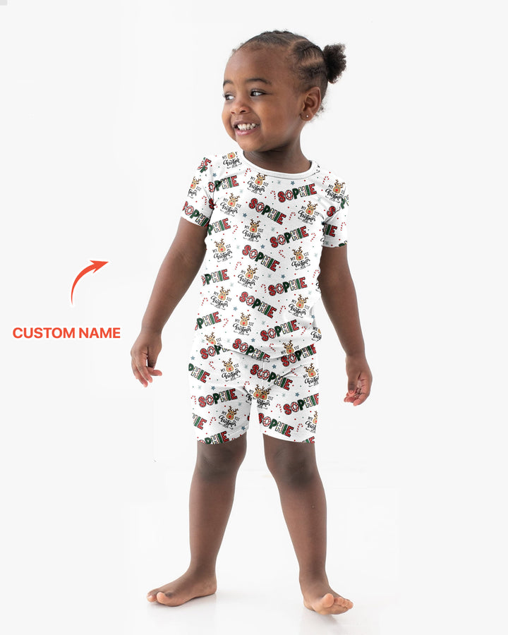Custom Name My First Christmas 2026 Bamboo Two Piece Short Sleeve Shorts Pajama Set (G)