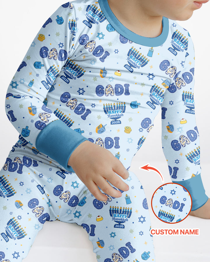Custom name Happy Hanukkah 2026 Bamboo Two Piece Long Sleeve Pajama Set