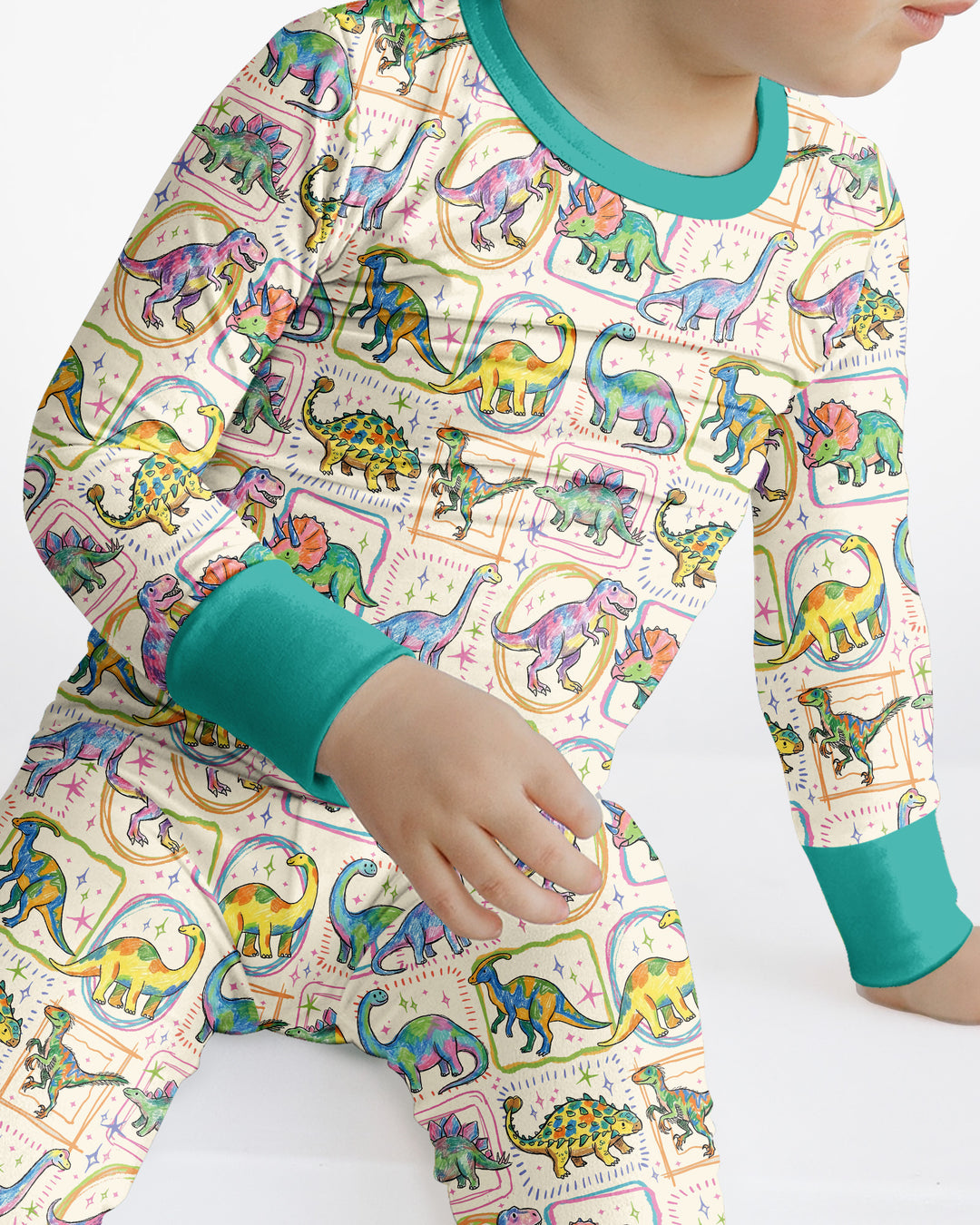 Colorful Dino Sketchbook Bamboo Two Piece Long Sleeve Pajama Set