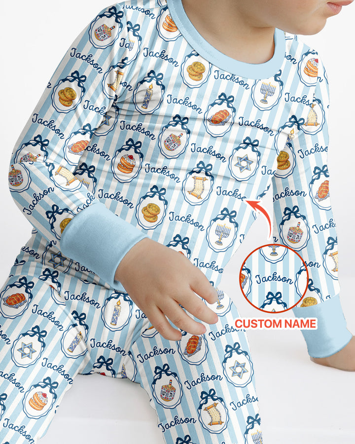 Custom Name Hanukkah Striped Bamboo Two Piece Long Sleeve Pajama Set