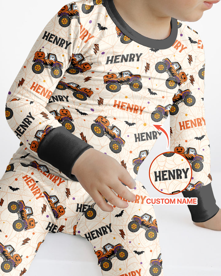 Custom Name Halloween Monster Truck Bamboo Two Piece Long Sleeve Pajama Set