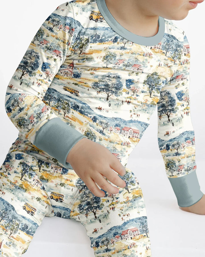 Whimsical Watercolor School Village Bamboo Two Piece Long Sleeve Pajama Set