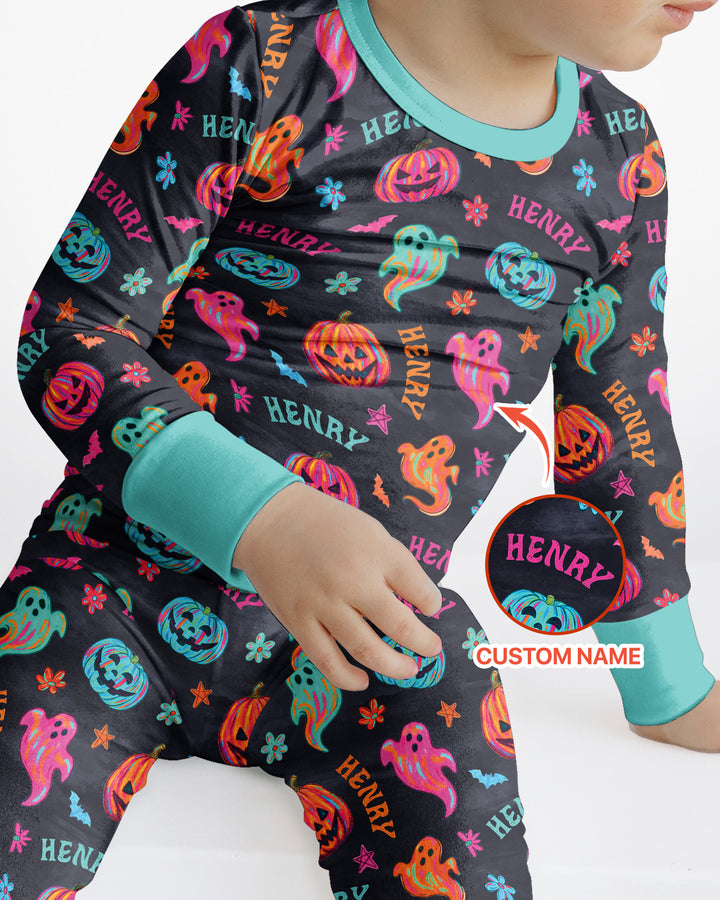 Custom Name Preppy Neon Pumpkin Bamboo Two Piece Long Sleeve Pajama Set