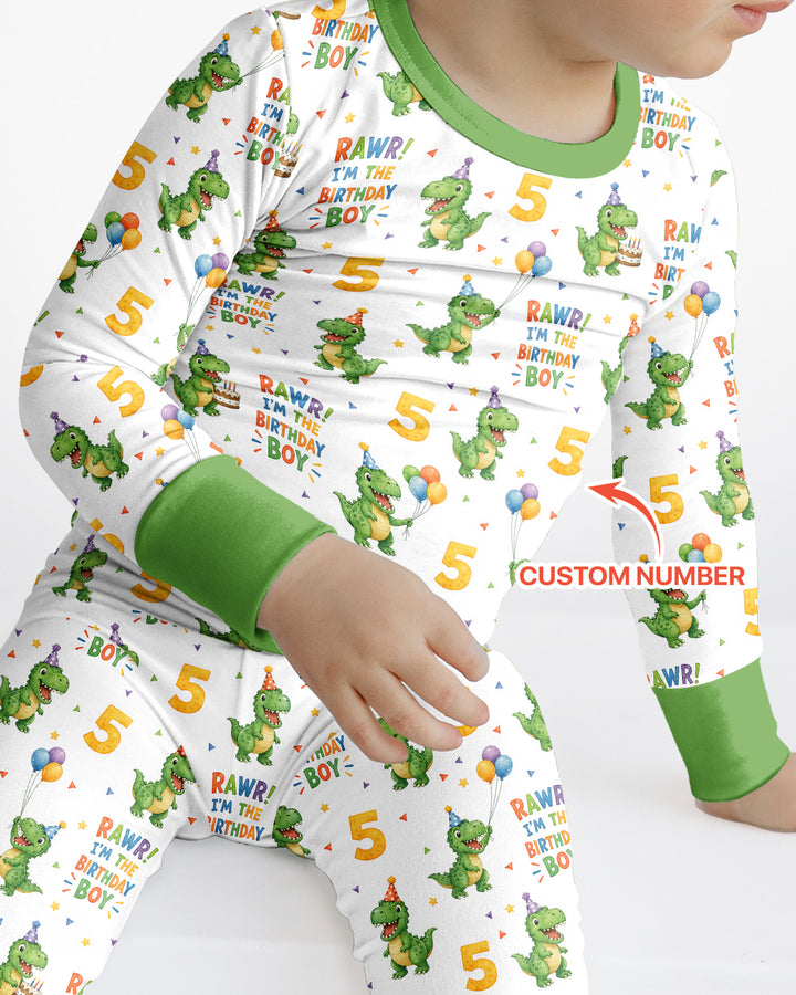 Personalized Dinosaur Birthday Boy Bamboo Two Piece Long Sleeve Pajama Set