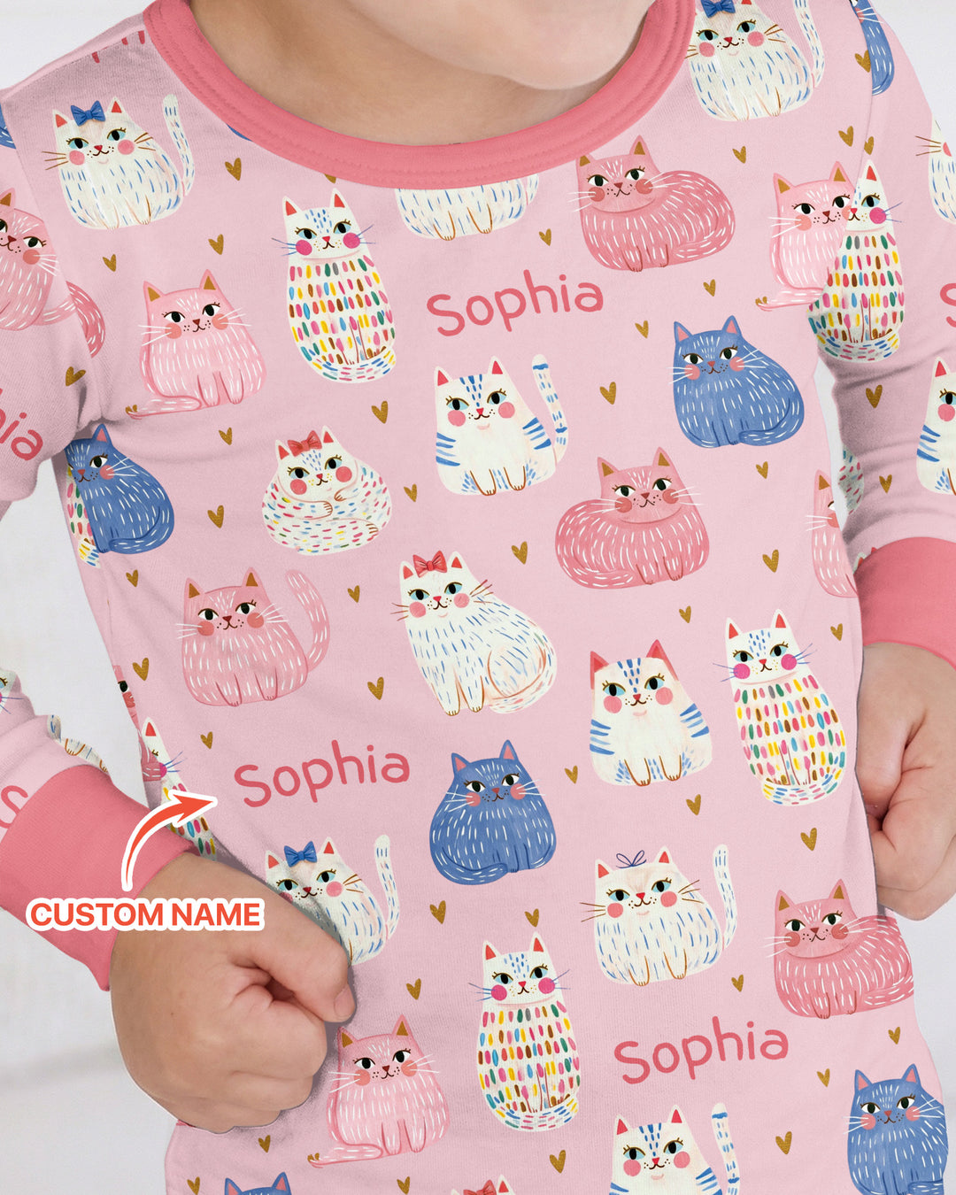 Custom Name Cute Pastel Cat Bamboo Two Piece Long Sleeve Pajama Set