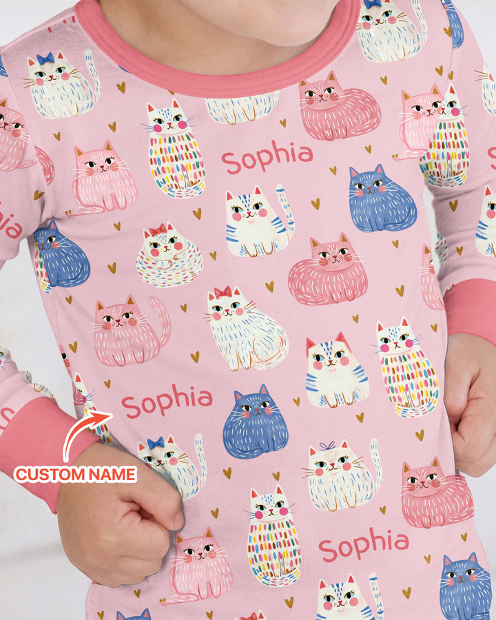 Custom Name Cute Pastel Cat Bamboo Two Piece Long Sleeve Pajama Set