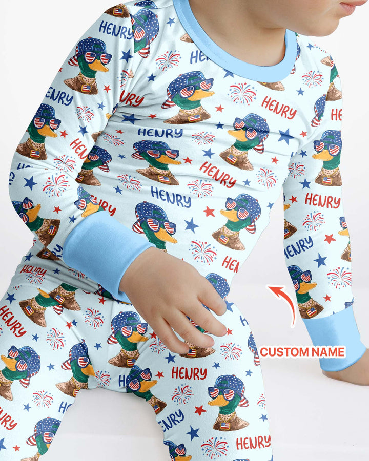 Custom Name Patriotic Mallard Duck Bamboo Two Piece Long Sleeve Pajama Set
