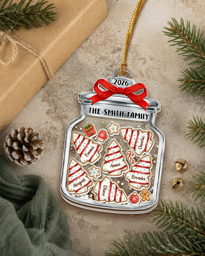 Family Christmas Tree Cake Jar Shaker Ornament