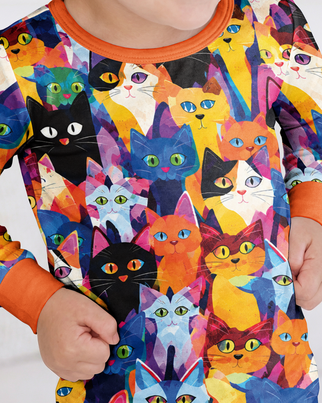 Cartoon Abstract Kitten Pattern Bamboo Two Piece Long Sleeve Pajama Set