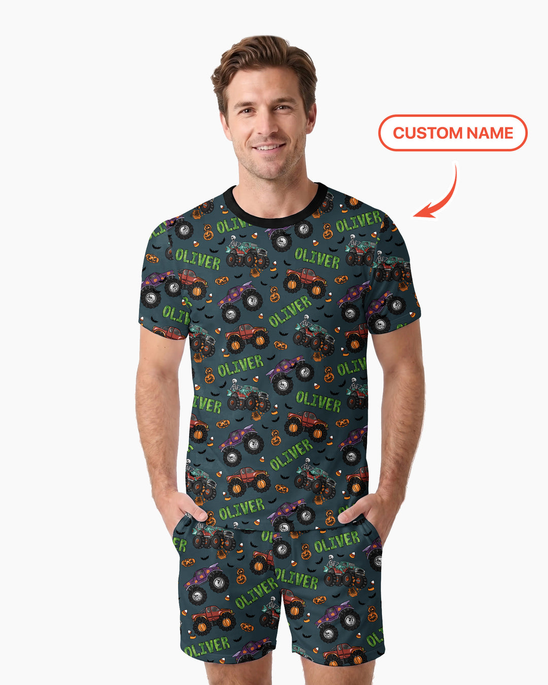Custom Name Haunted Monster Trucks  Bamboo Men Short Sleeve Short Pajama Set