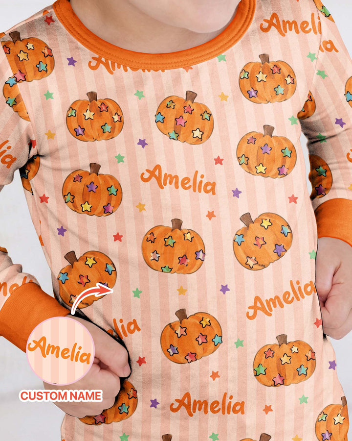 Colorful Star Pumpkin Custom Name Bamboo Two Piece Long Sleeve Pajama Set