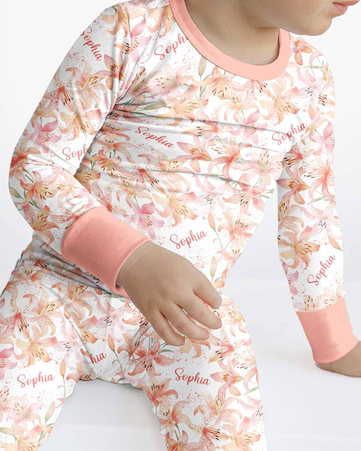 Custom Name Birth Month Flowers Bamboo Two Piece Long Sleeve Pajama Set