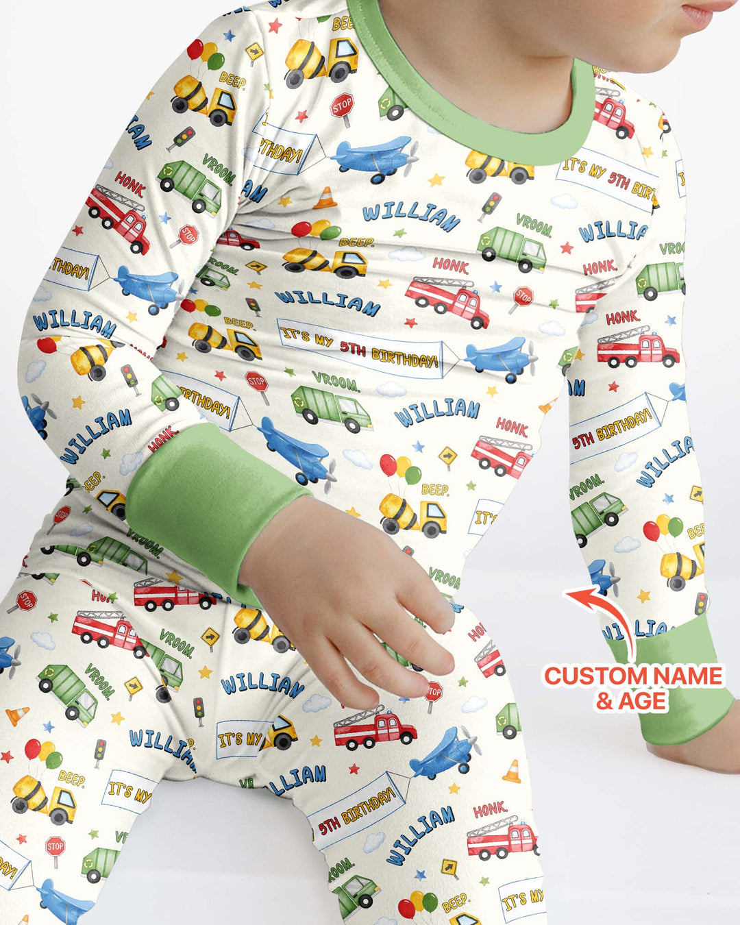 Personalized Transportation Birthday Bamboo Two Piece Long Sleeve Pajama Set