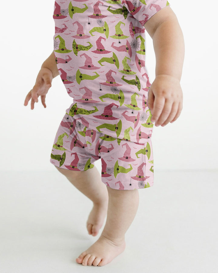 Pink Witch Hat Halloween Bamboo Two Piece Short Sleeve Shorts Pajama Set