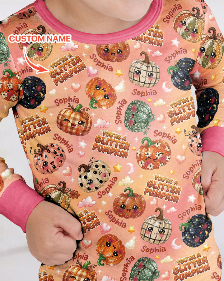 Custom Name You're A Glitter Pumpkin Bamboo Two Piece Long Sleeve Pajama Set