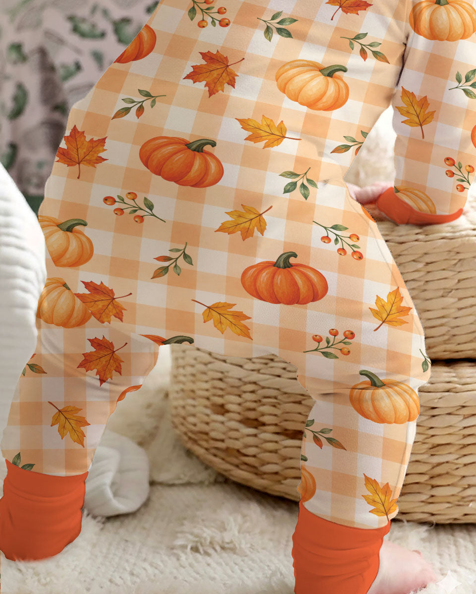 Cute Fall Pumpkin Leaves Gingham Bamboo Convertible Zippy