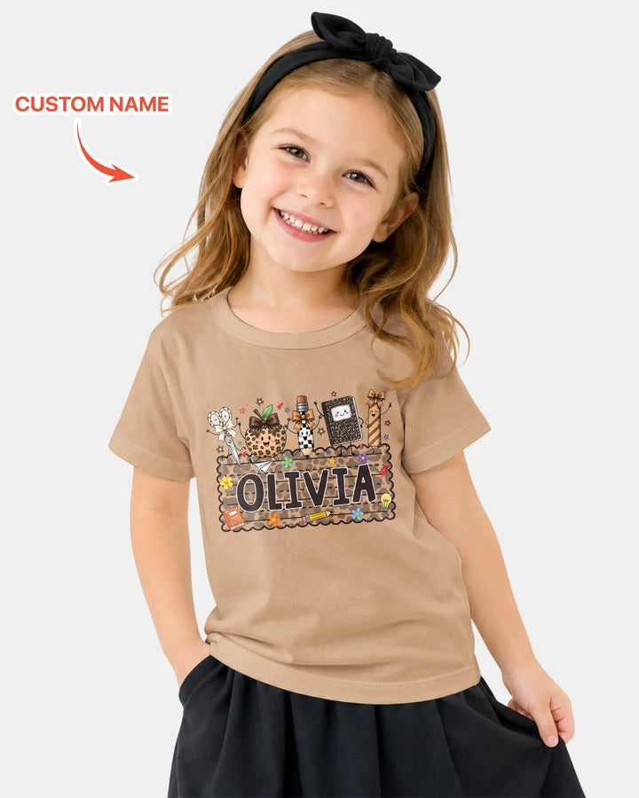 Custom Name School Sweetheart Leopard Bamboo Crewneck T-Shirt