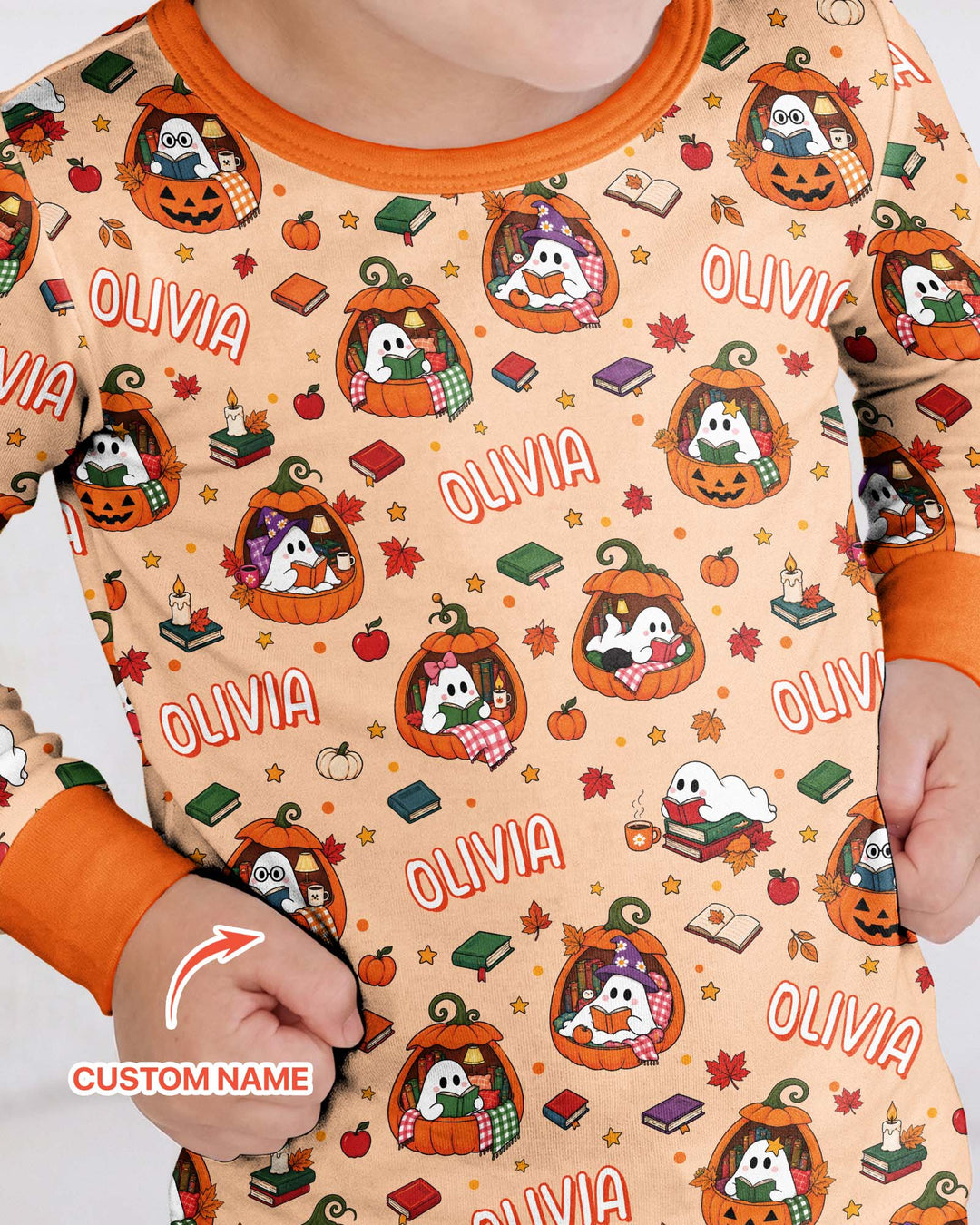Bookish Ghost Halloween Custom Name Bamboo Two Piece Long Sleeve Pajama Set