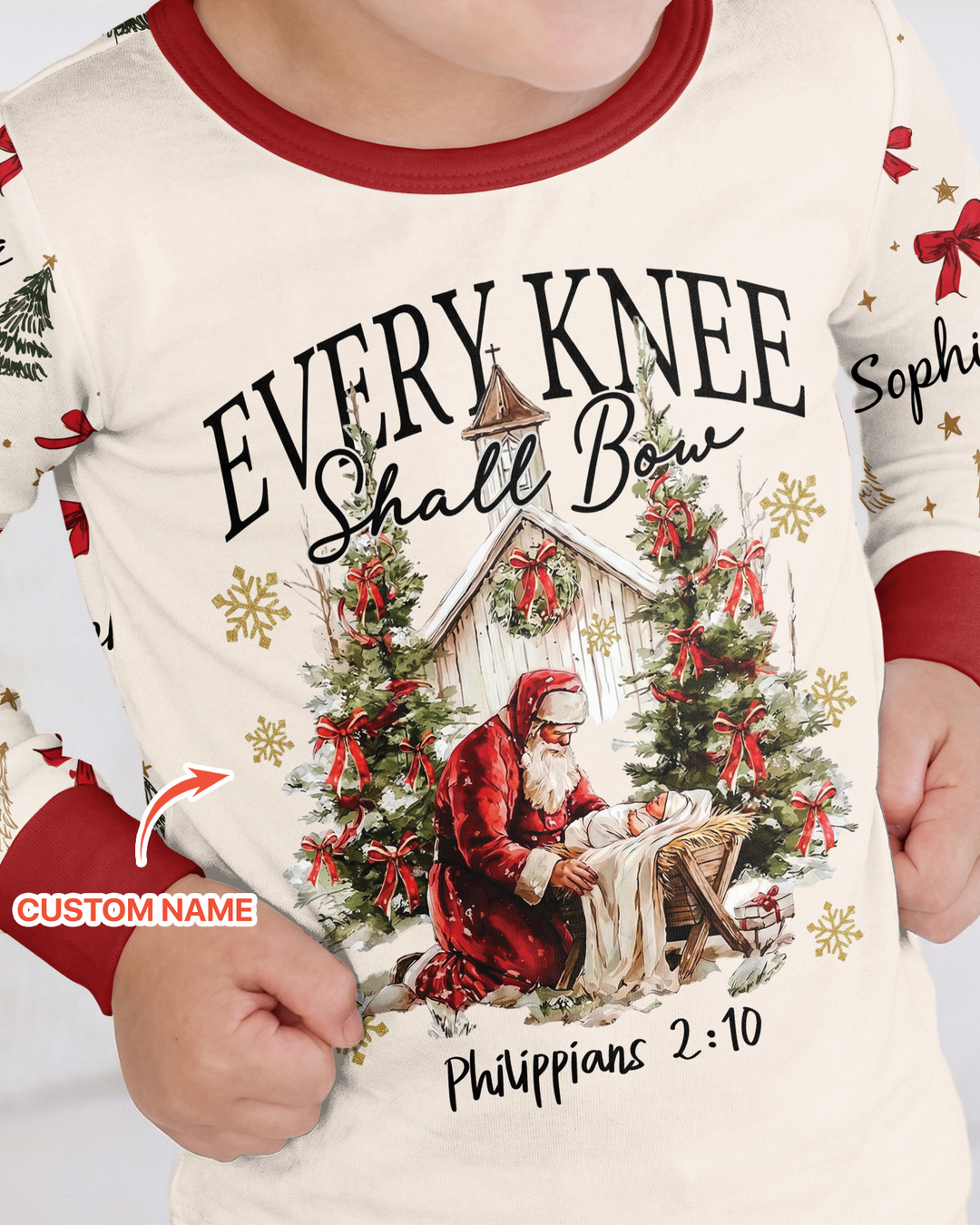 Every Knee Shall Bow Custom Name Mommy And Me Matching Bamboo Two Piece Long Sleeve Pajama Set
