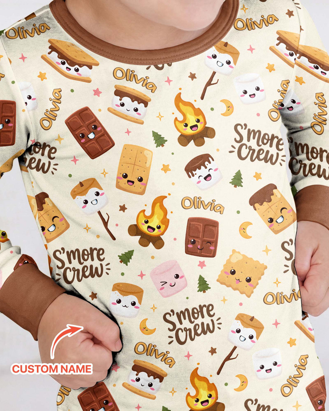 Custom Name Kawaii S'more Crew Family Matching Bamboo Two Piece Long Sleeve Pajama Set
