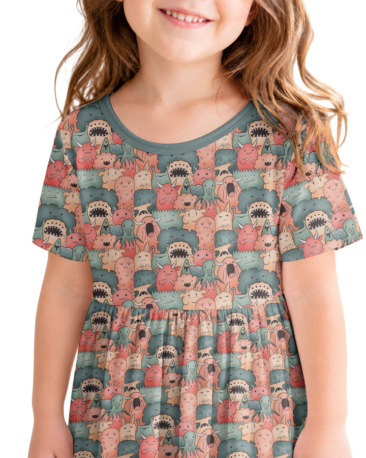 Cute Monster Crowd Bamboo Twirl Dress