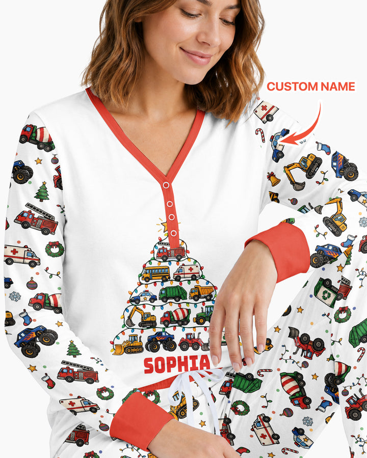 Custom Name Little Trucks Christmas Tree Bamboo Women Pajama Set