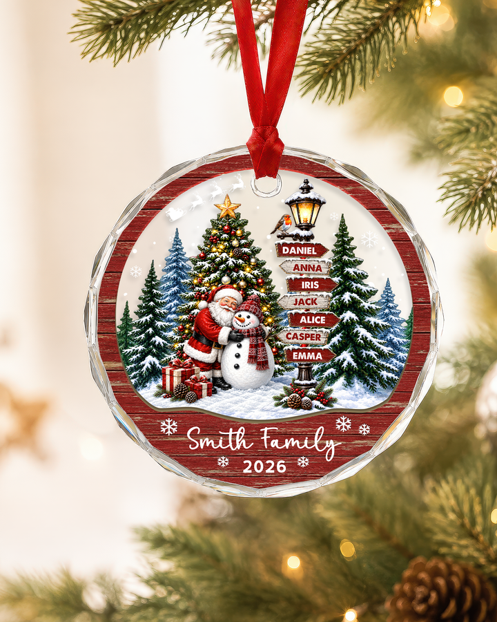 Vintage Christmas Family Signpost - Personalized Glass Ornament