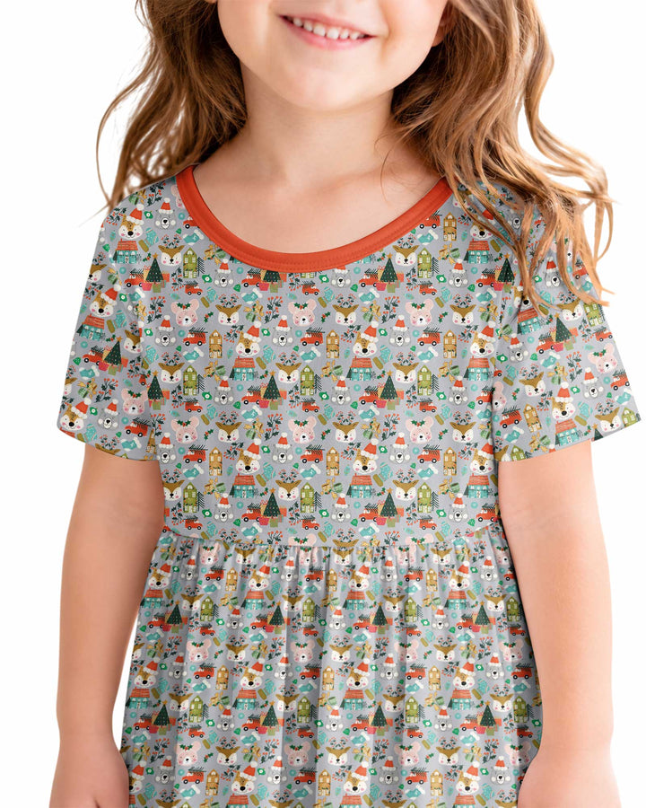 Christmas Woodland Deer Fox Bear Bamboo Twirl Dress