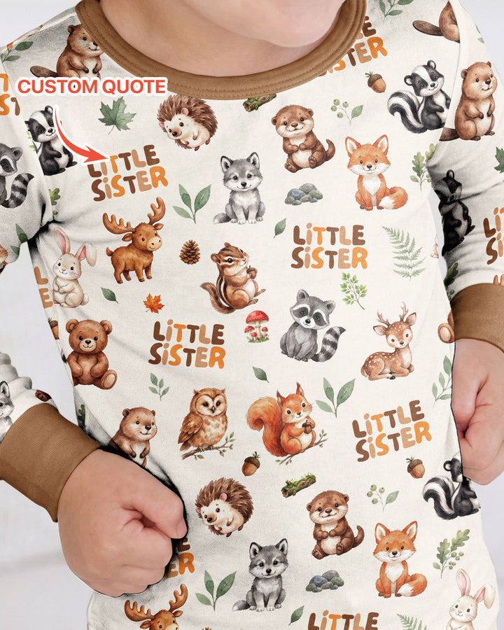 Custom Quote Woodland Animal Matching Sibling Bamboo Two Piece Long Sleeve Pajama Set