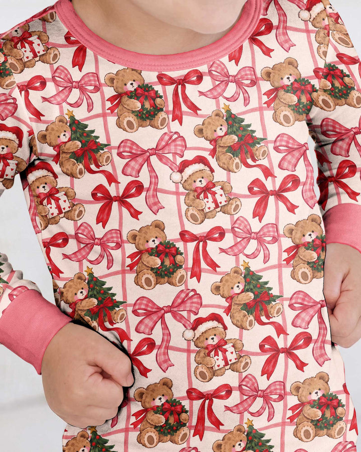 Pink Christmas Teddy Bear Plaid Mommy & Me Matching Bamboo Two Piece Long Sleeve Pajama Set