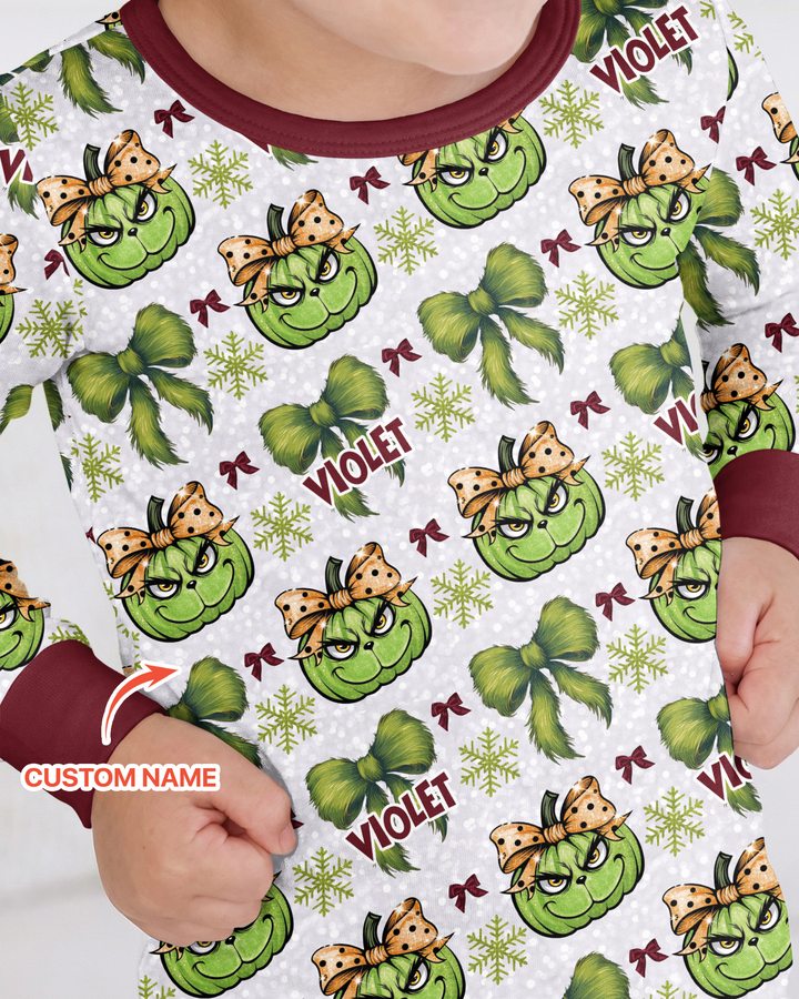 Custom Name Grumpy Green Christmas Bamboo Two Piece Long Sleeve Pajama Set