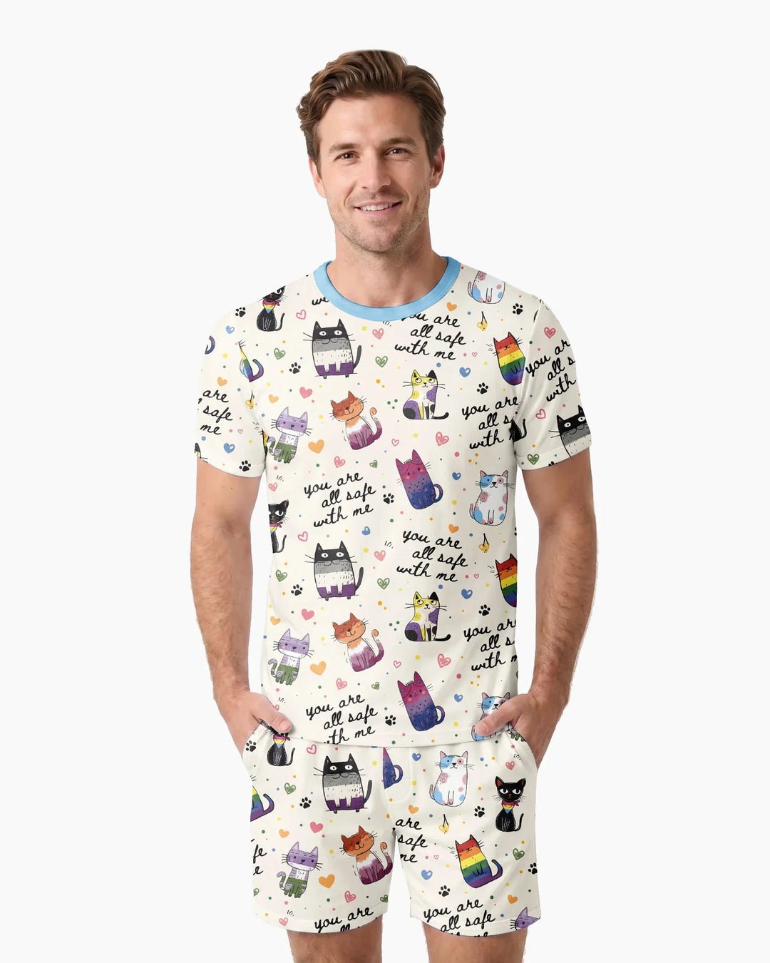 Loved & Safe Kitties Family Matching Bamboo Men Short Sleeve Short Pajama Set