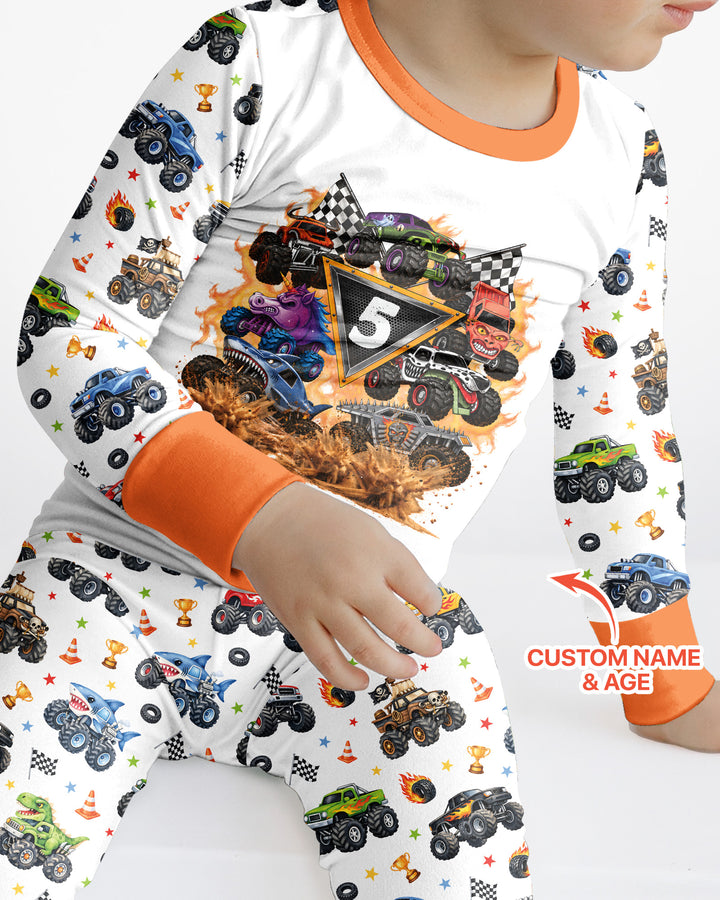 Personalized Monster Trucks Birthday Boy Bamboo Two Piece Long Sleeve Pajama Set