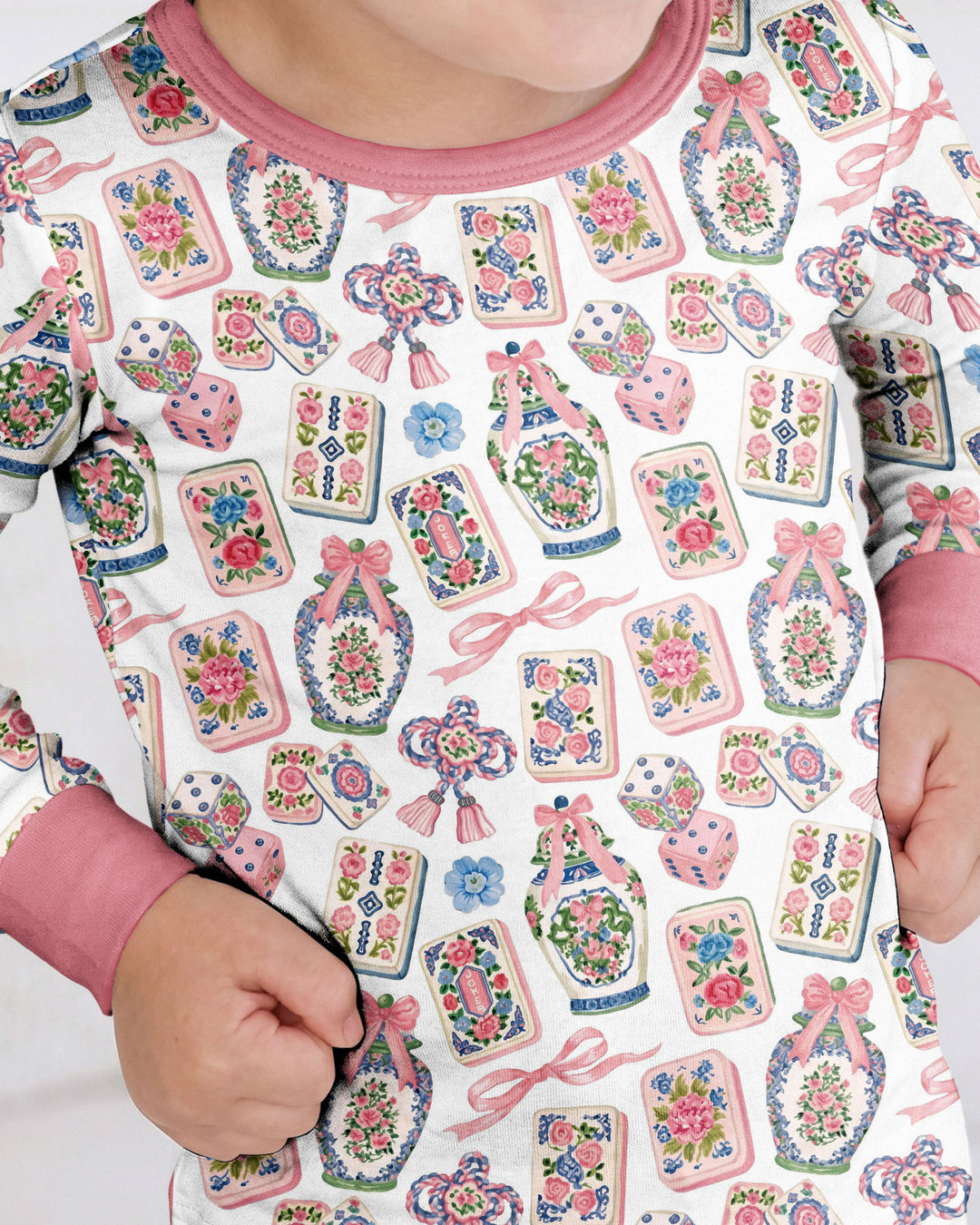 Chinoiserie Mahjong Mommy & Me Matching Bamboo Two Piece Long Sleeve Pajama Set