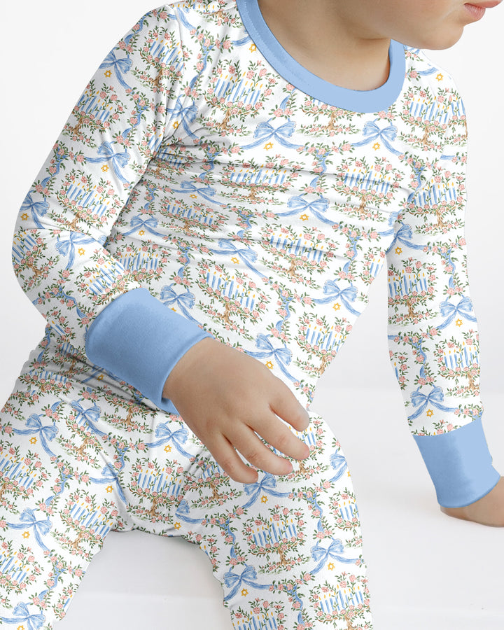Cute Bow Hanukkah Menorah Bamboo Two Piece Long Sleeve Pajama Set