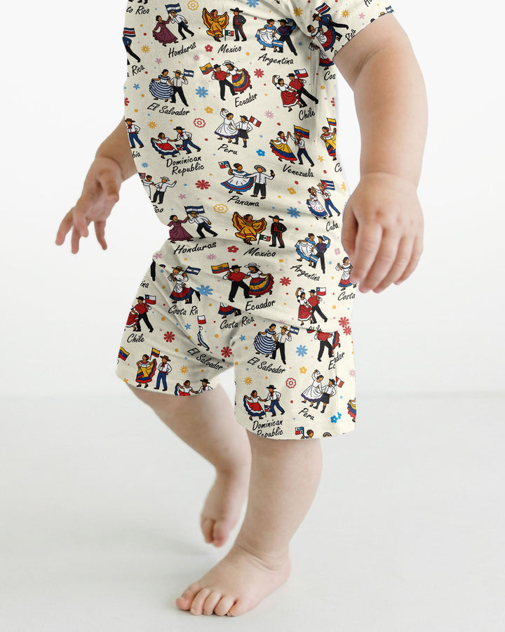 Hispanic Traditional Folkloric Dress Bamboo Two Piece Short Sleeve Shorts Pajama Set